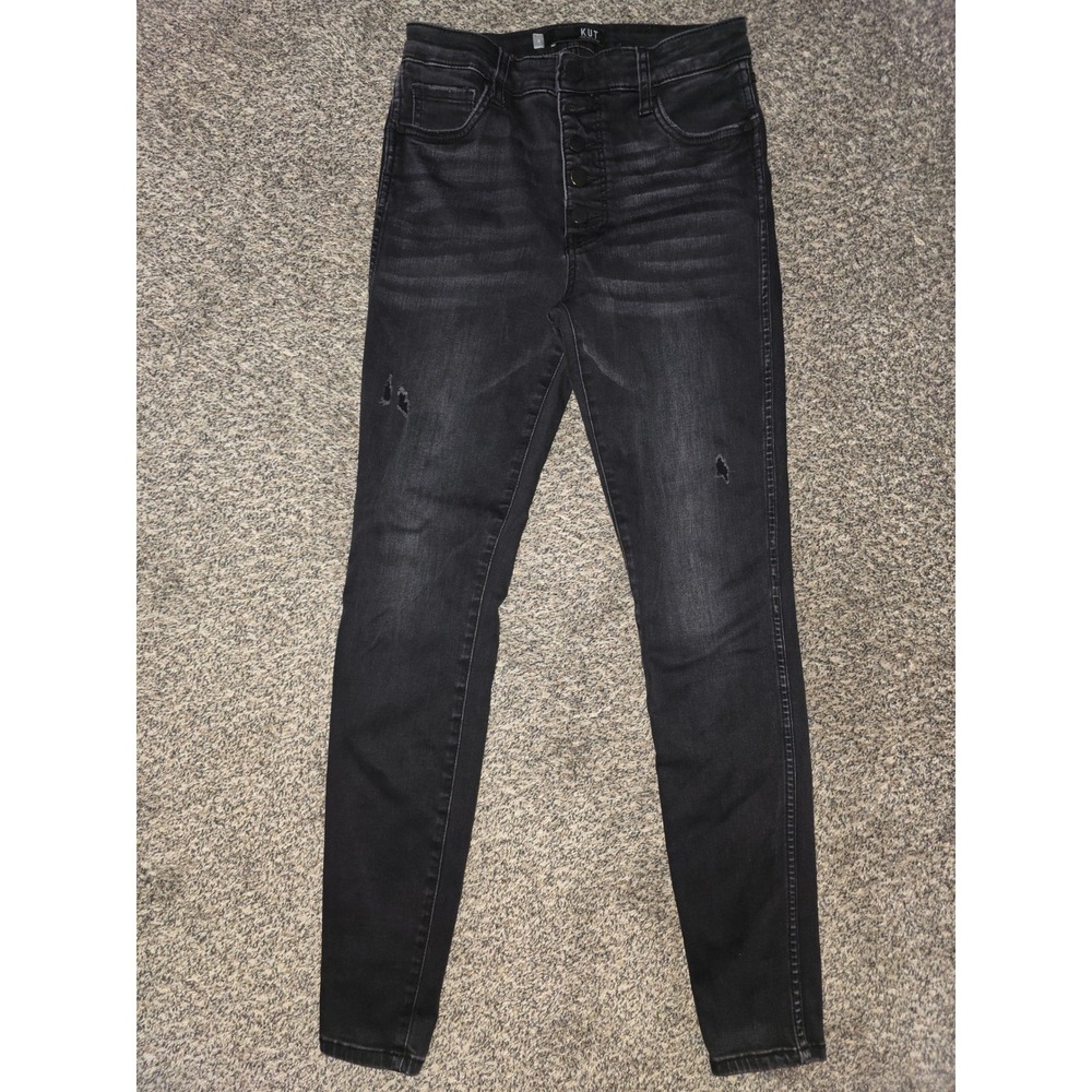 KUT from the Kloth Women Size 4 Black High Rise Button Fly Skinny Jeans Distress
